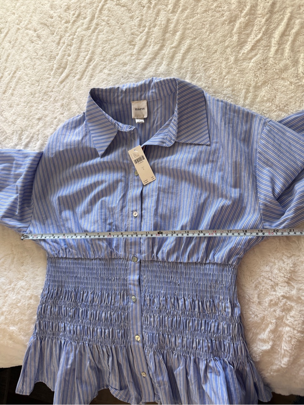 Maeve Anthropologie NWT Smocked Peplum Blue Stripe Cotton Blouse L - Picture 8 of 9